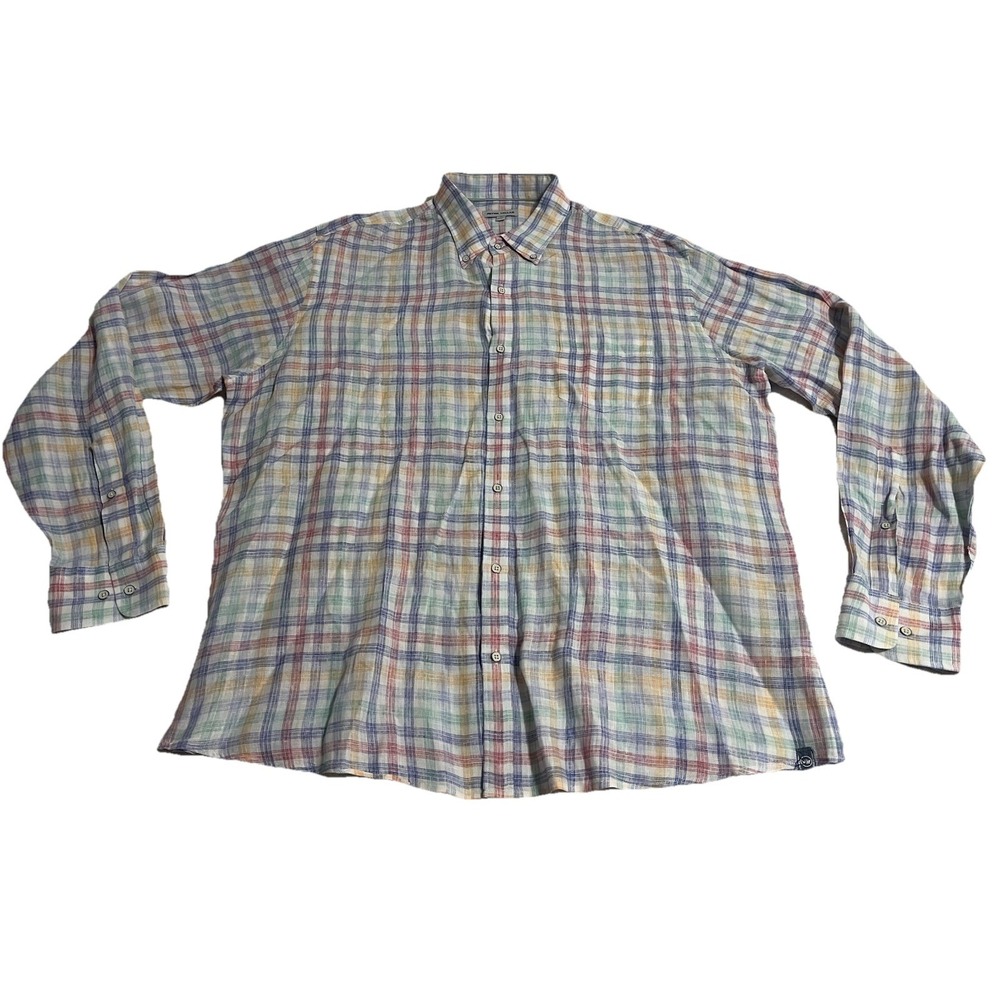 Peter Millar Mens XL 100% Linen Shirt Button Long Sleeve Easter Plaid Colorful